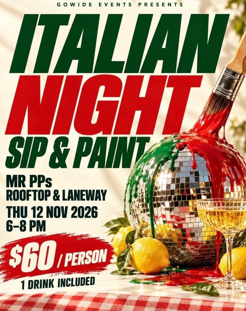 The flyer: Italian Night Sip & Paint at Mr PPs Rooftop & Laneway, Thursday 12 November 2026, 6–8 pm, $60 per person, one drink included.