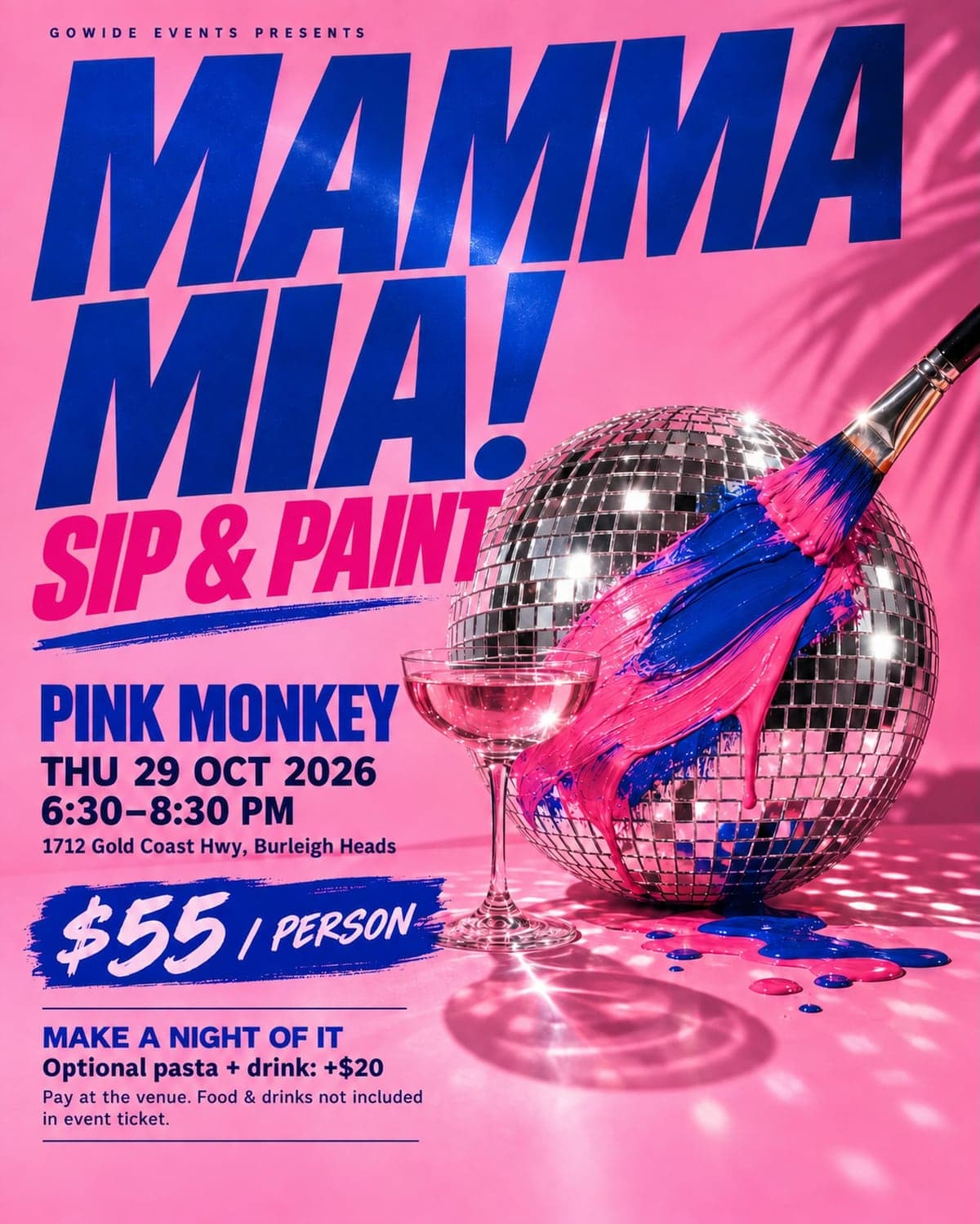 The flyer: Mamma Mia! Sip & Paint at Pink Monkey, Thursday 29 October 2026, 6.30–8.30 pm, $55 per person.