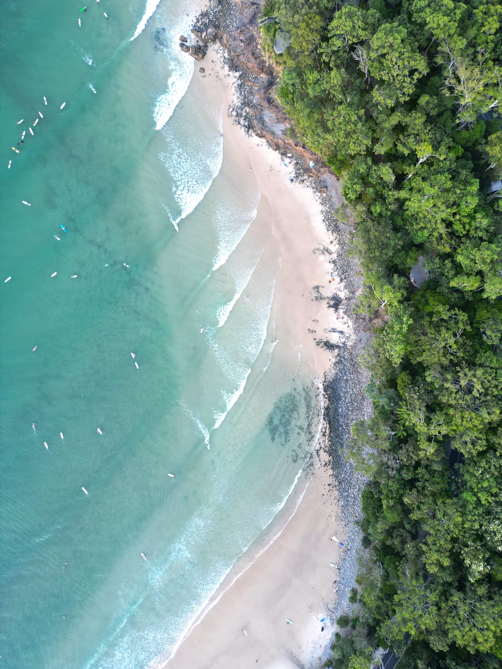 Vista cenital de una point break: surfistas esperando en agua clara junto a la selva.